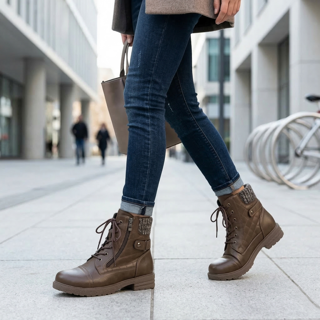 Women's Ankle Combat Boot with Quilted Upper, Knit Collar, Side Zipper and Lace-Up Front