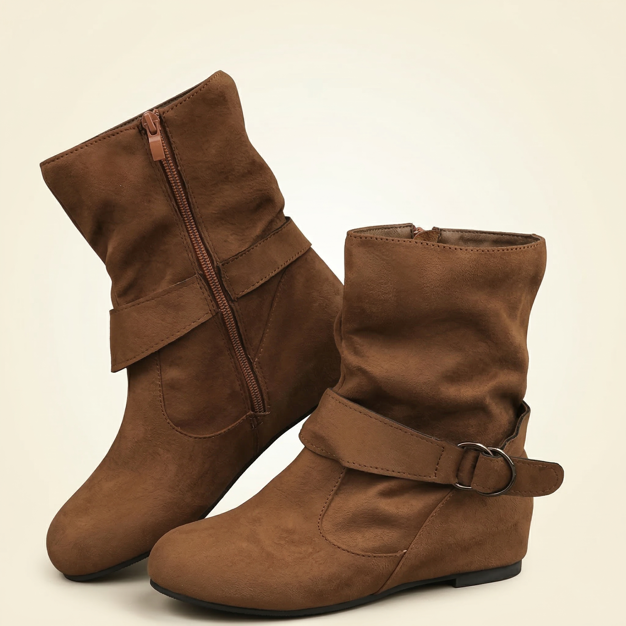 Women's Suede Ankle Boot with Ruched Shaft, Wrap Buckle Strap and Side Zipper