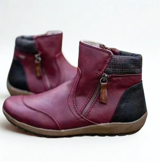 Women's Two-Tone Vegan Leather Ankle Boots with Side Zipper, Plaid Collar Trim & Flat Rubber Sole