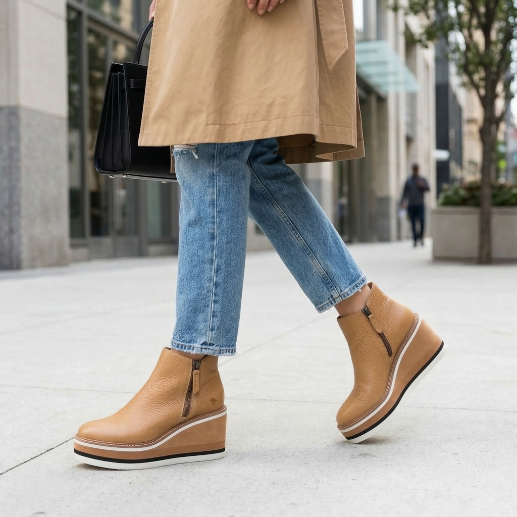 Women's Wedge Platform Ankle Boot with Side Zipper and Striped Sole