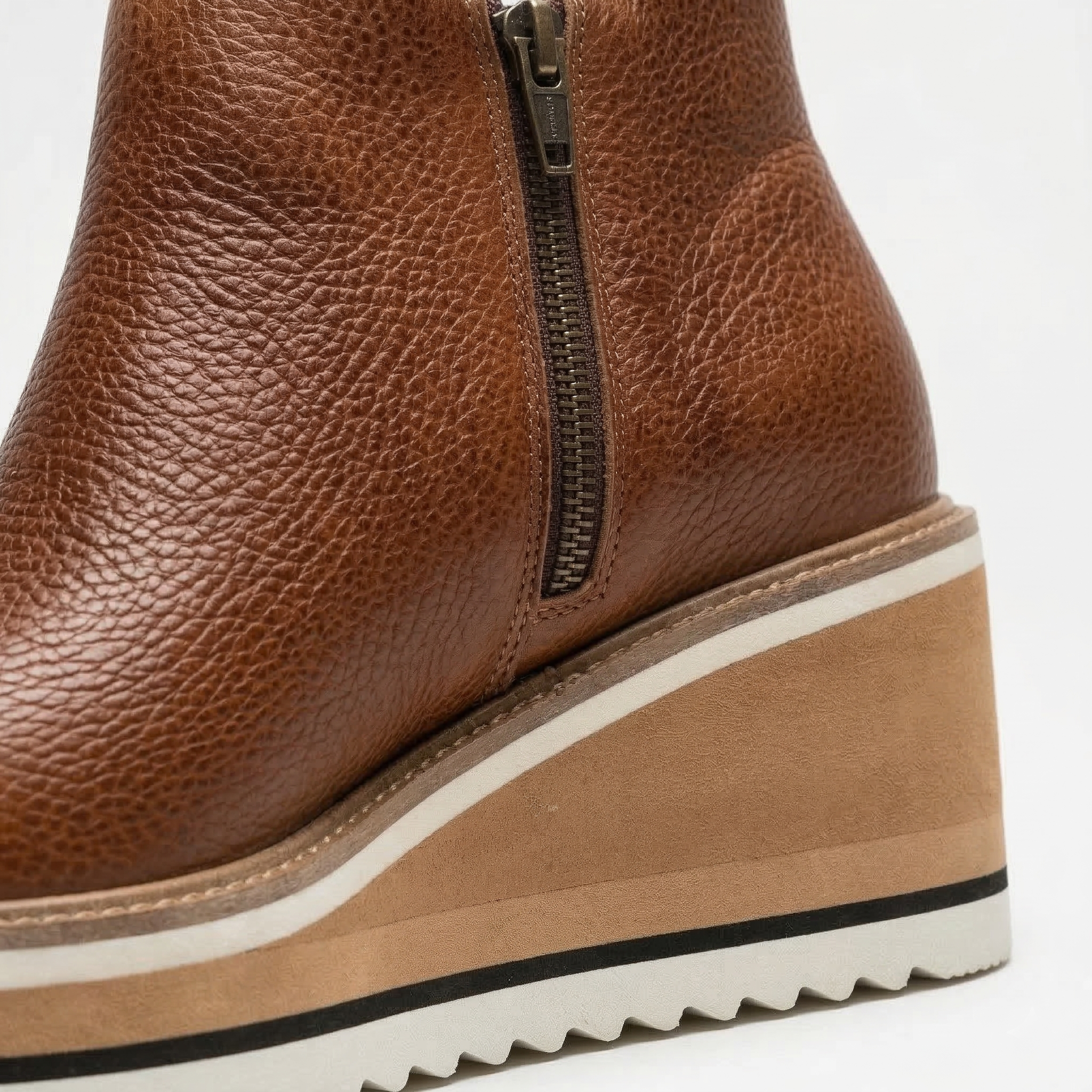 Women's Wedge Platform Ankle Boot with Side Zipper and Striped Sole