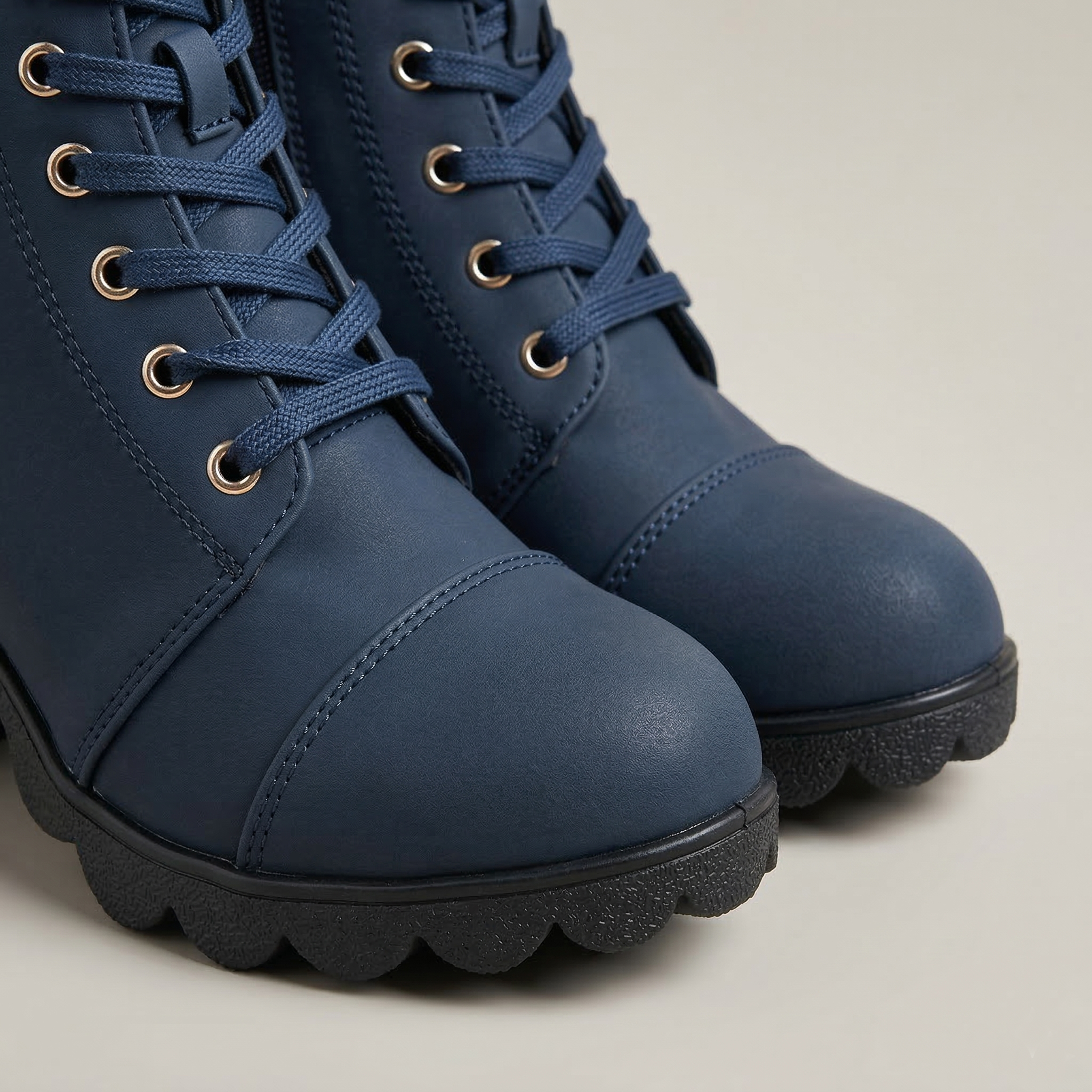 Women's Ankle Boot with Lace-Up Front, Side Zipper, Buckle Strap and High Block Heel on Lugged Platform Sole