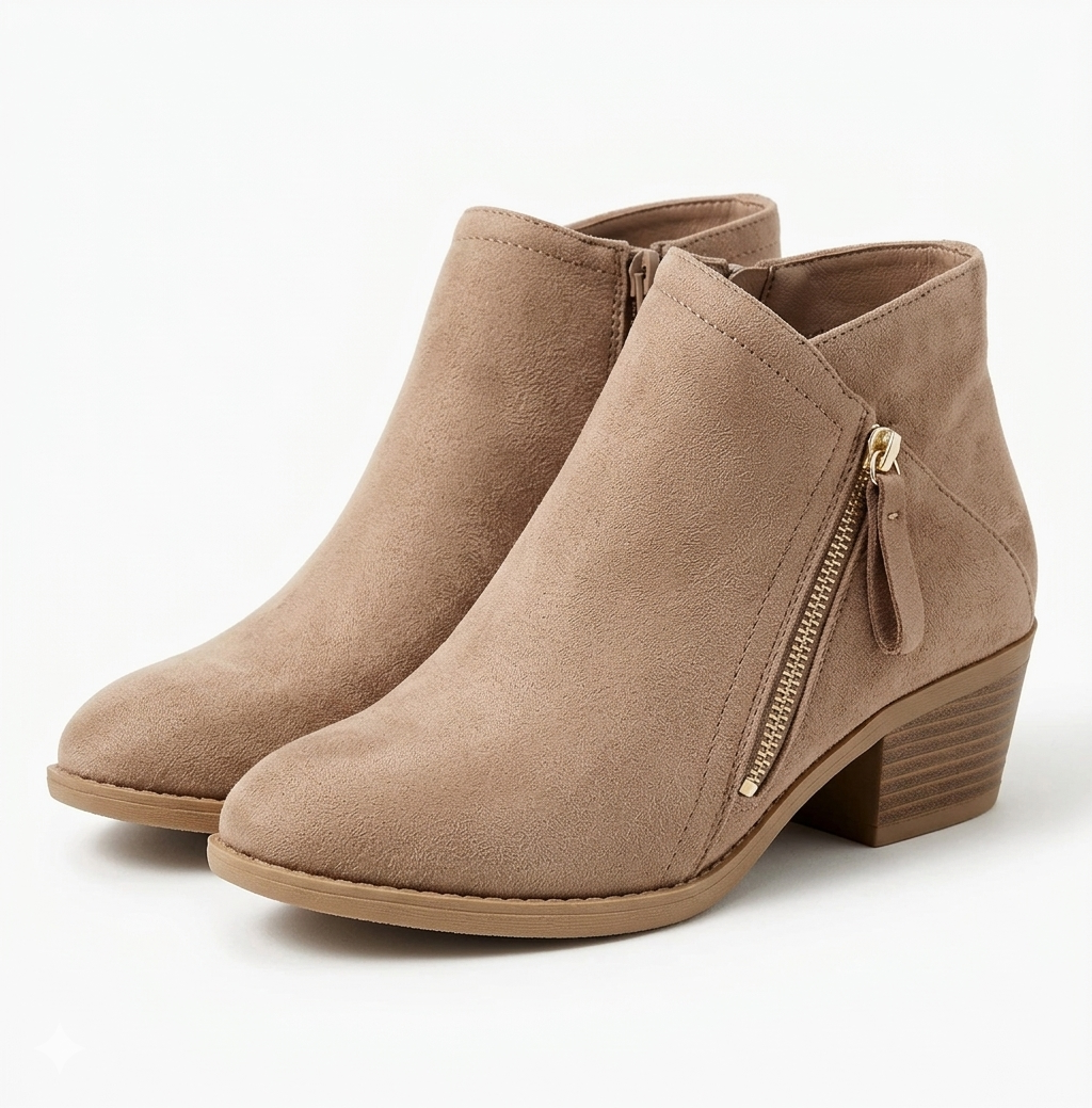 Women's Suede Ankle Bootie with Side Zipper and Stacked Block Heel