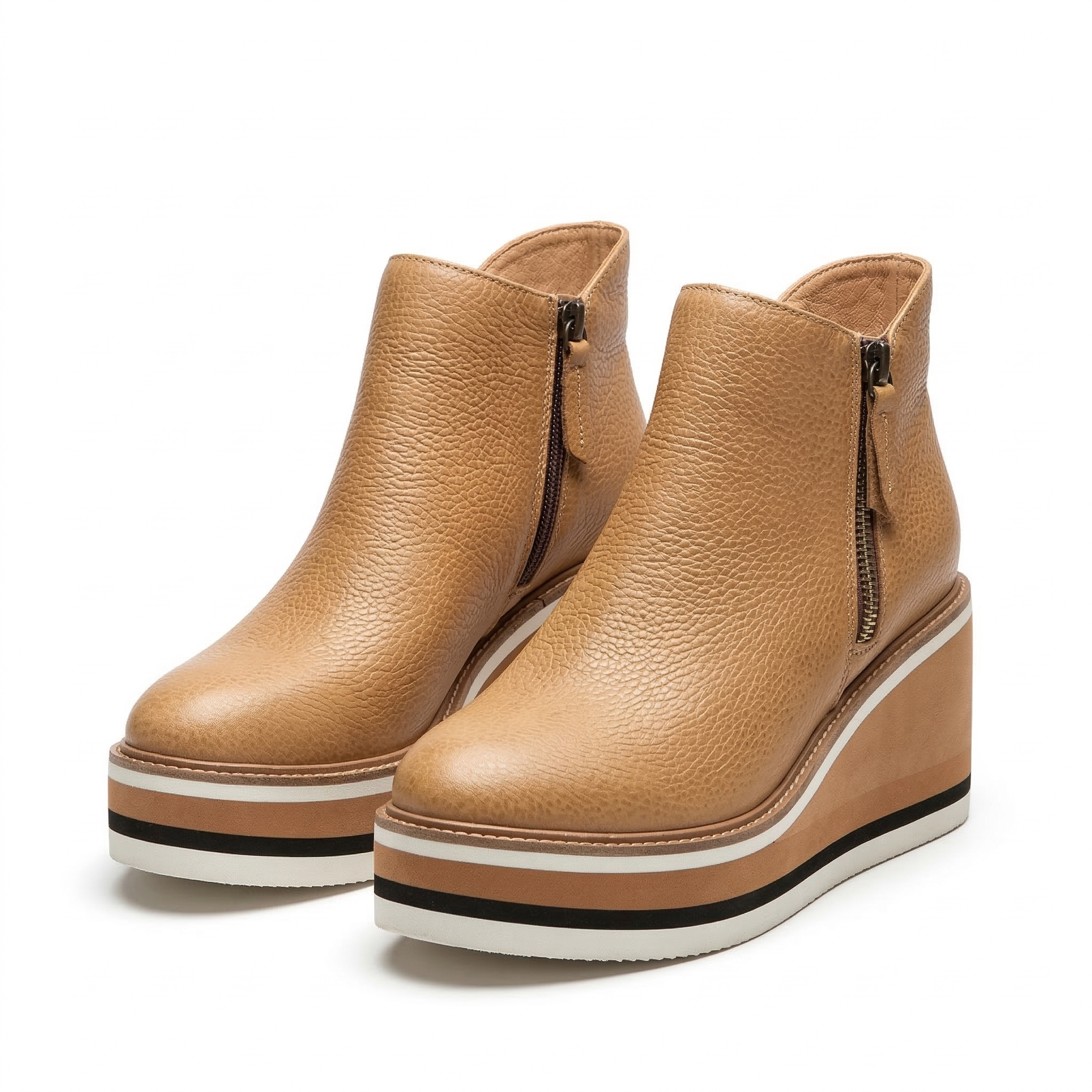 Women's Wedge Platform Ankle Boot with Side Zipper and Striped Sole