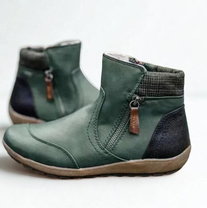 Women's Two-Tone Vegan Leather Ankle Boots with Side Zipper, Plaid Collar Trim & Flat Rubber Sole