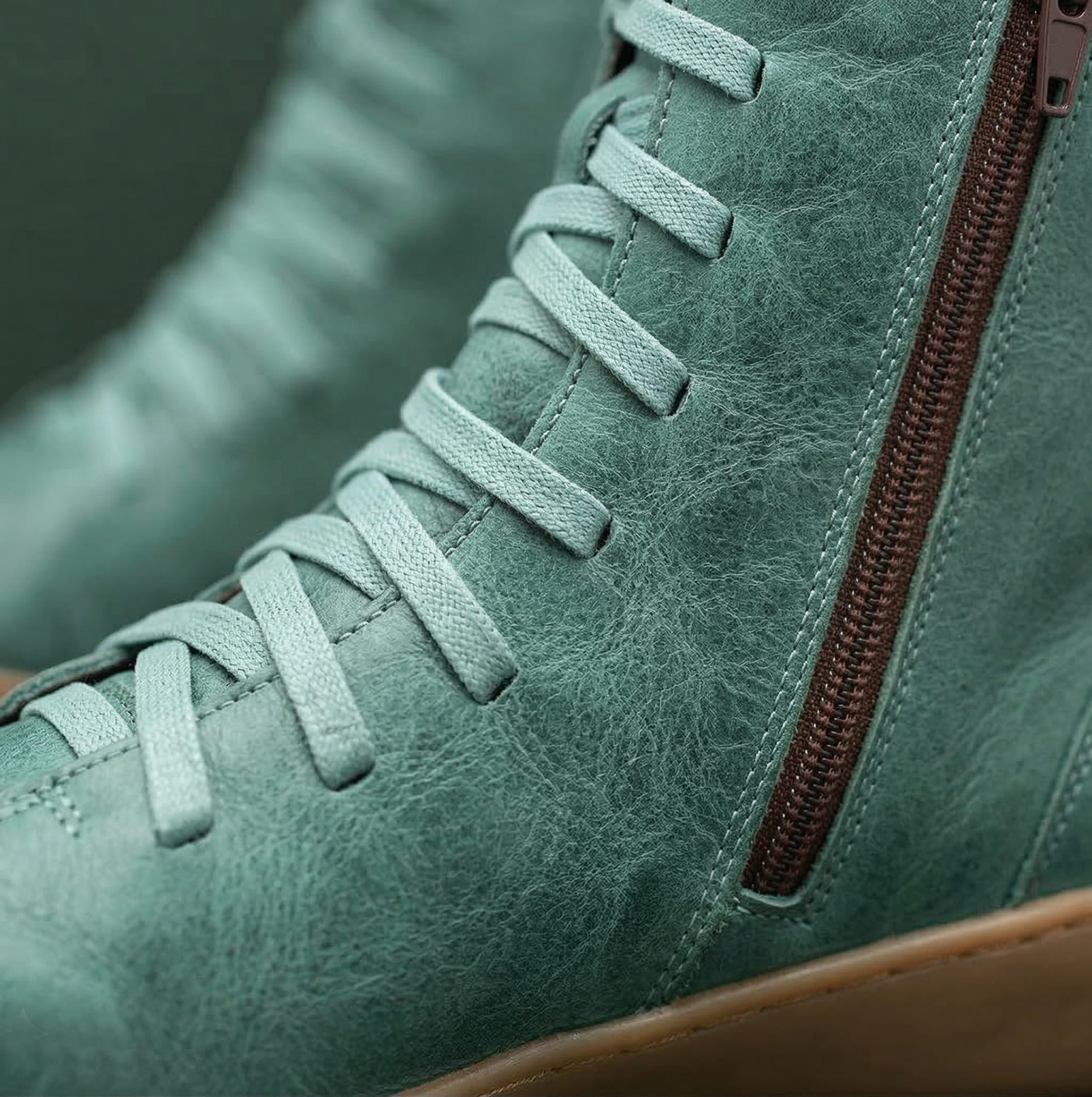 Women's Mid-Calf Leather Boot with Cross Strap Lace-Up Front, Side Zipper and Flat Rubber Sole