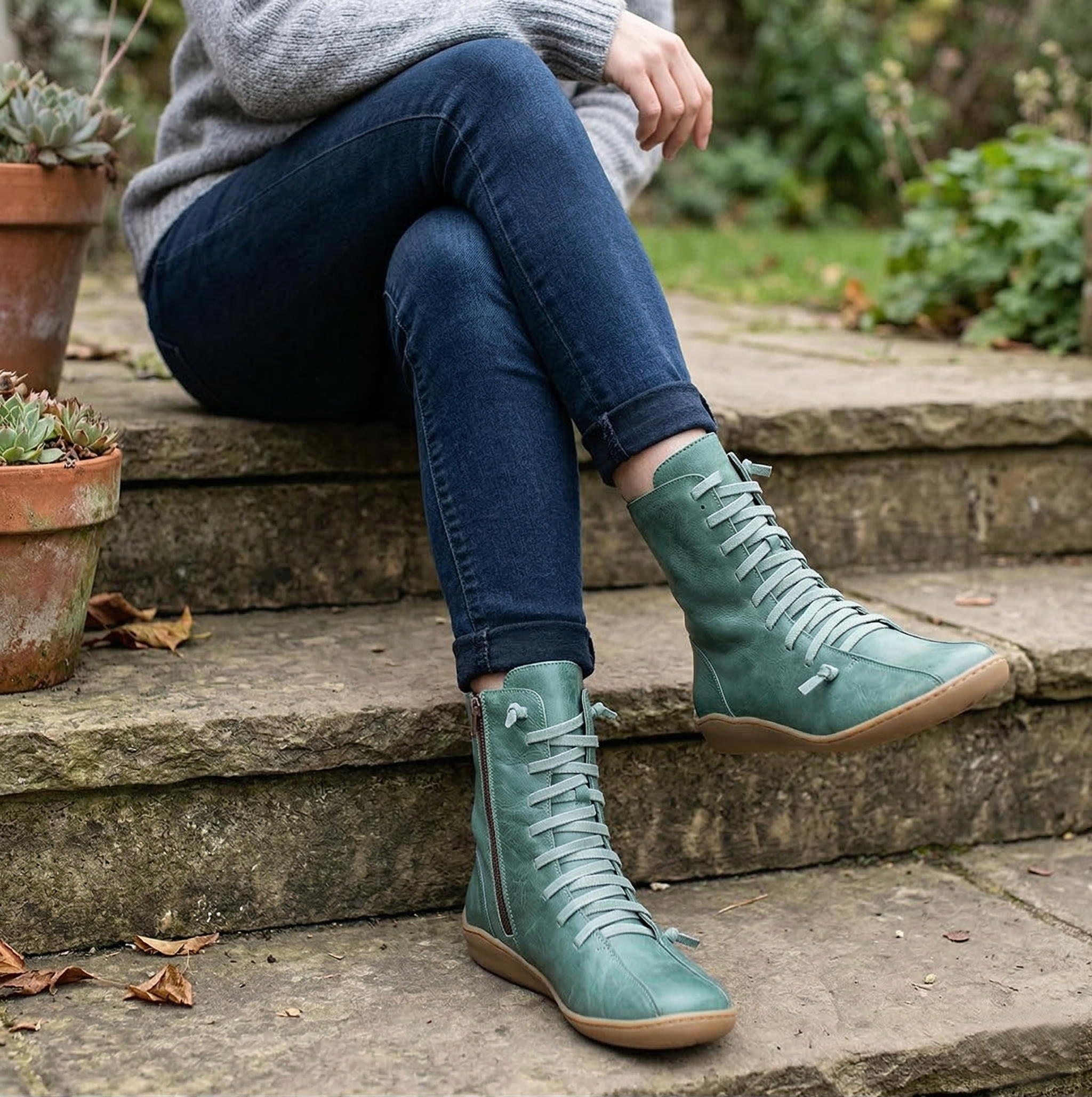 Women's Mid-Calf Leather Boot with Cross Strap Lace-Up Front, Side Zipper and Flat Rubber Sole