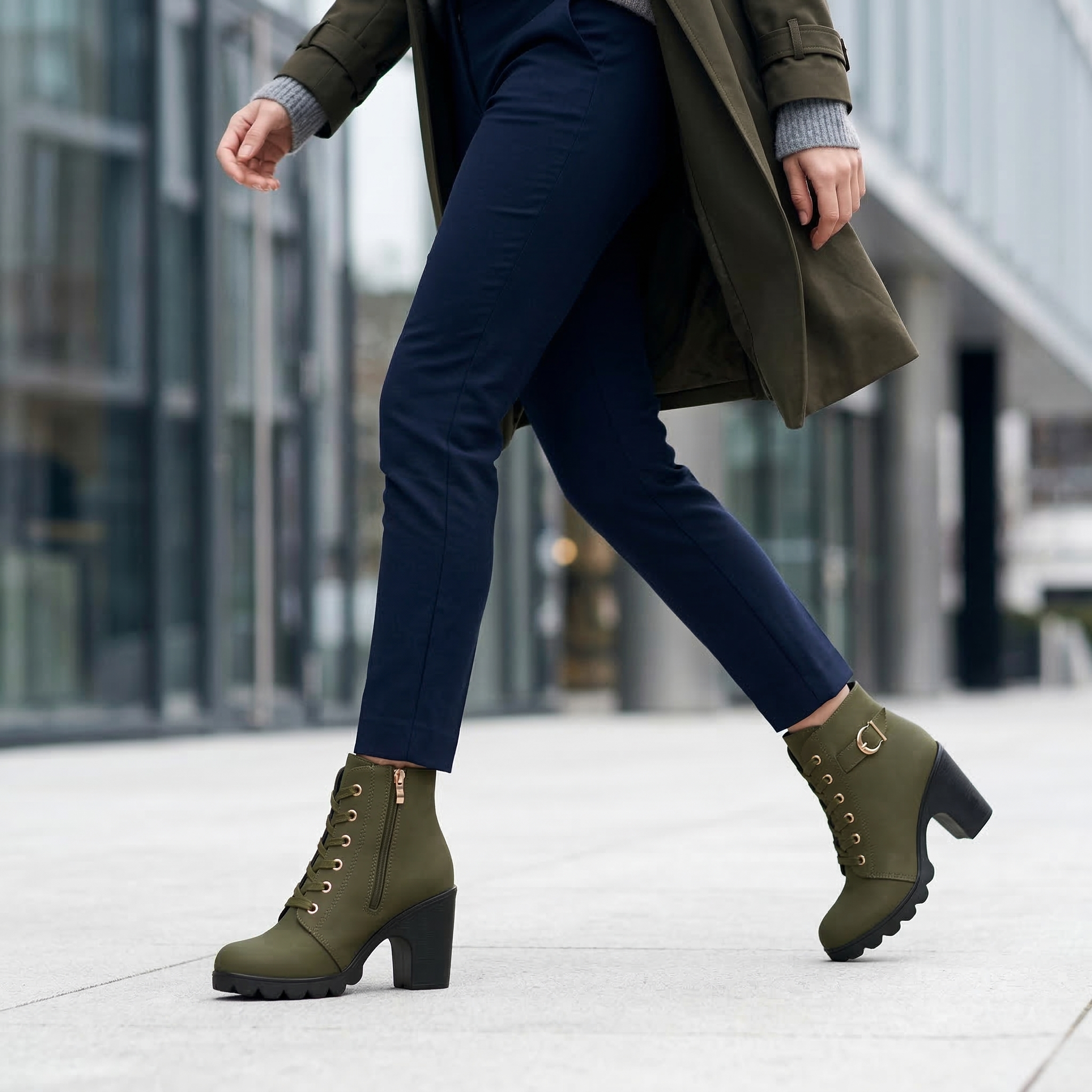 Women's Ankle Boot with Lace-Up Front, Side Zipper, Buckle Strap and High Block Heel on Lugged Platform Sole