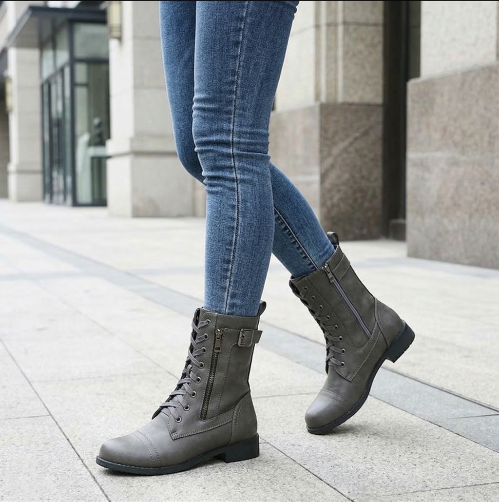 Women's Mid-Calf Combat Boot with Lace-Up Front, Side Zipper and Buckle Strap