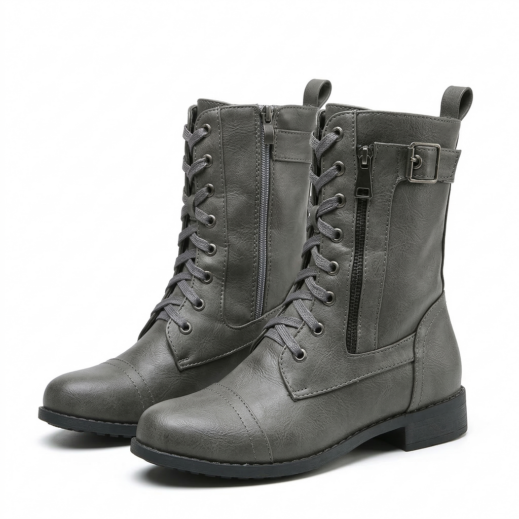 Women's Mid-Calf Combat Boot with Lace-Up Front, Side Zipper and Buckle Strap
