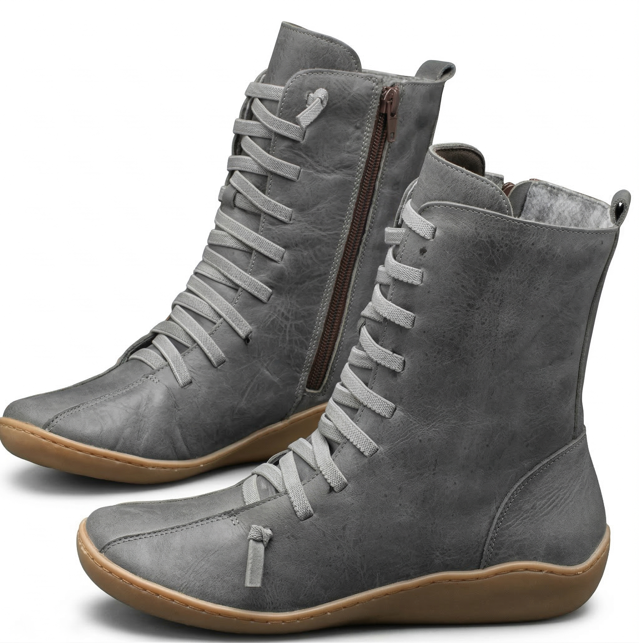 Women's Mid-Calf Leather Boot with Cross Strap Lace-Up Front, Side Zipper and Flat Rubber Sole