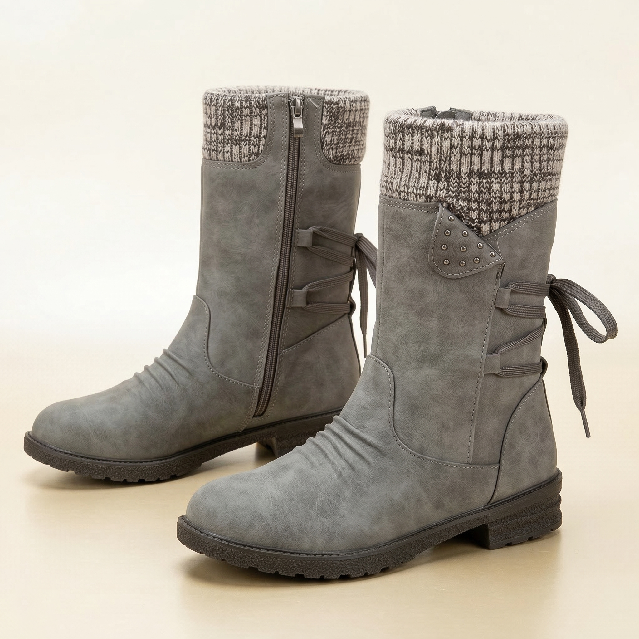 Women's Mid-Calf Suede Boot with Knit Collar, Side Lace Detail, Studded Tab and Side Zipper