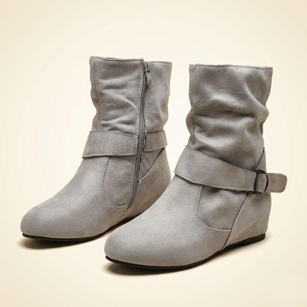 Women's Suede Ankle Boot with Ruched Shaft, Wrap Buckle Strap and Side Zipper