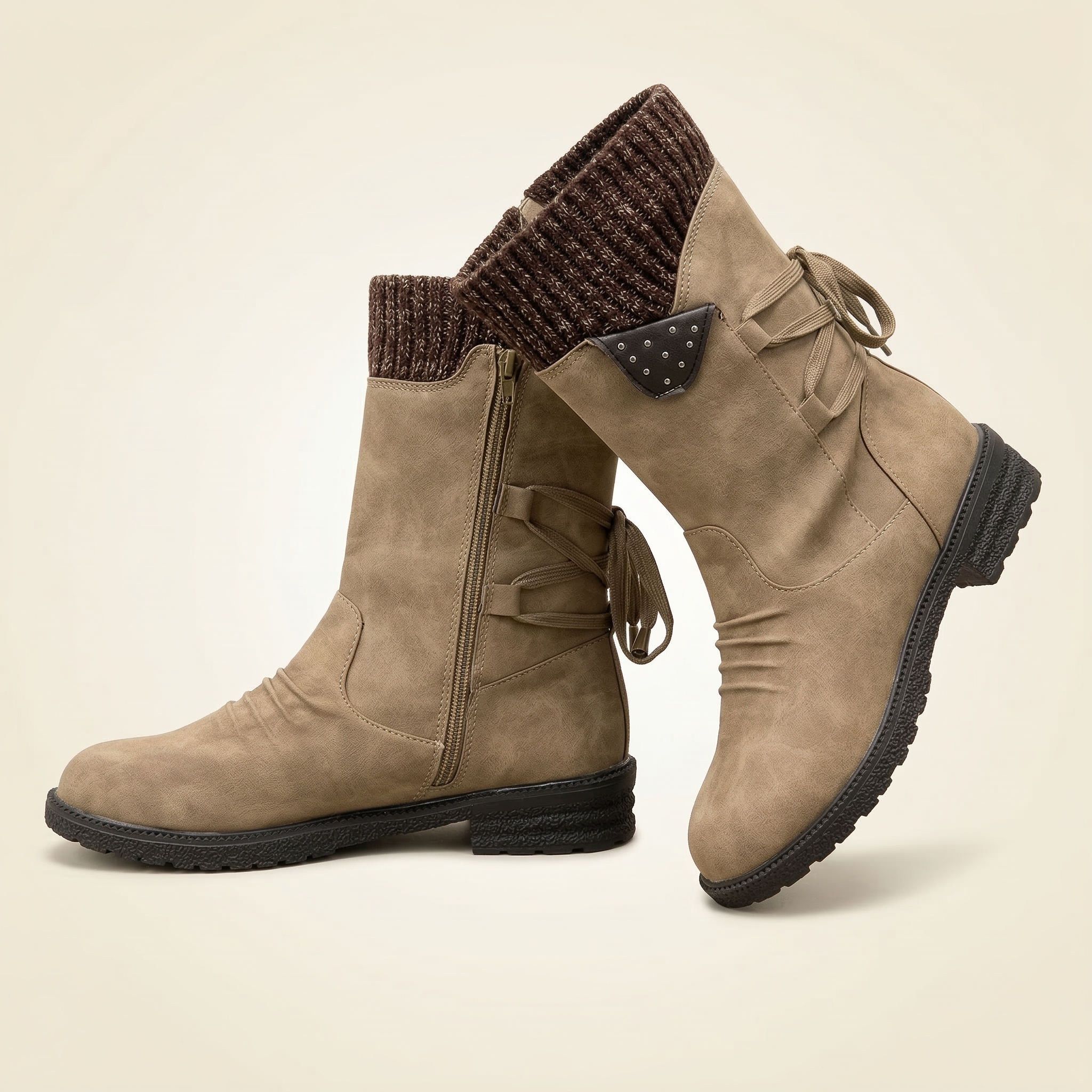 Women's Mid-Calf Suede Boot with Knit Collar, Side Lace Detail, Studded Tab and Side Zipper