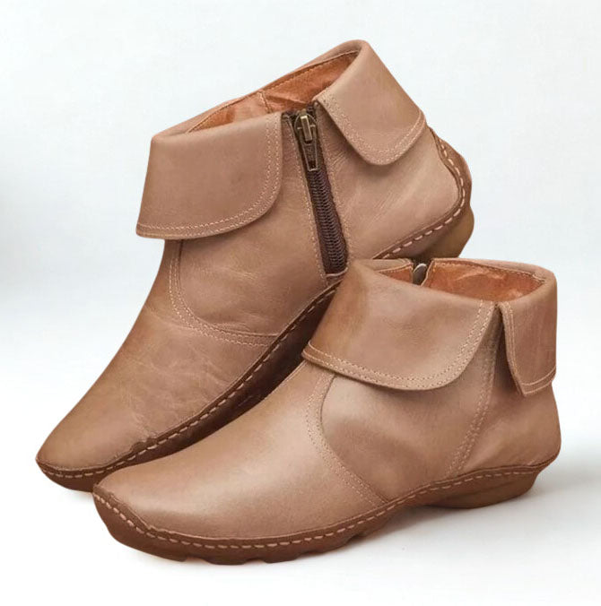 Hand-Stitched Fold-Over Collar Side-Zip Vegan Leather Ankle Boots