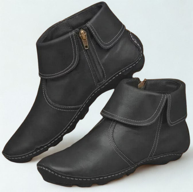 Hand-Stitched Fold-Over Collar Side-Zip Vegan Leather Ankle Boots