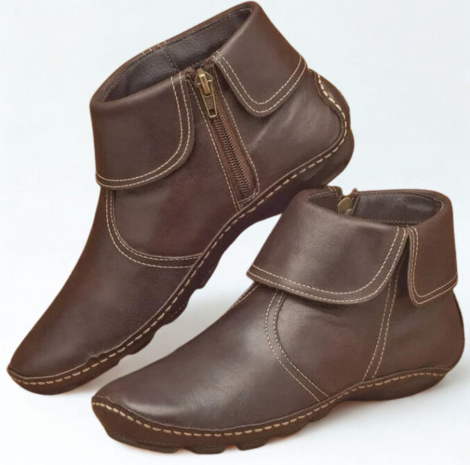 Hand-Stitched Fold-Over Collar Side-Zip Vegan Leather Ankle Boots