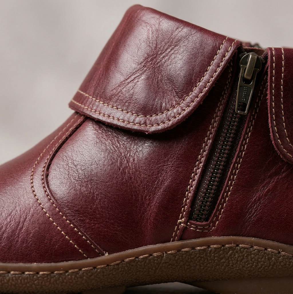 Hand-Stitched Fold-Over Collar Side-Zip Vegan Leather Ankle Boots