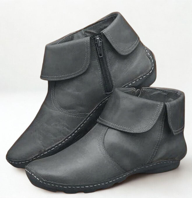 Hand-Stitched Fold-Over Collar Side-Zip Vegan Leather Ankle Boots