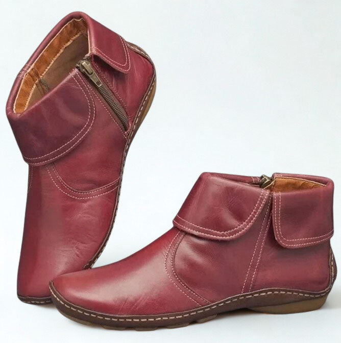 Hand-Stitched Fold-Over Collar Side-Zip Vegan Leather Ankle Boots