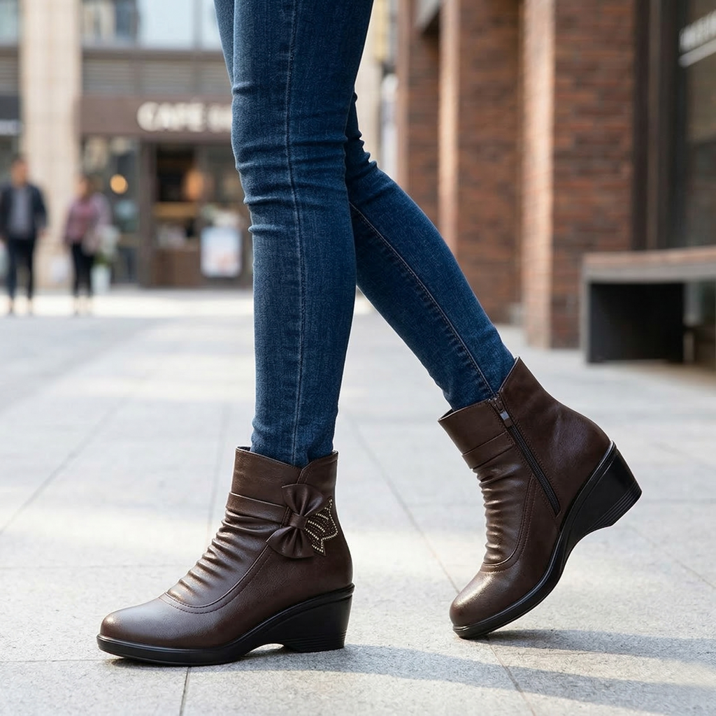Ruching Vegan Leather Wedge Ankle Boots with Rhinestone Bow Accents