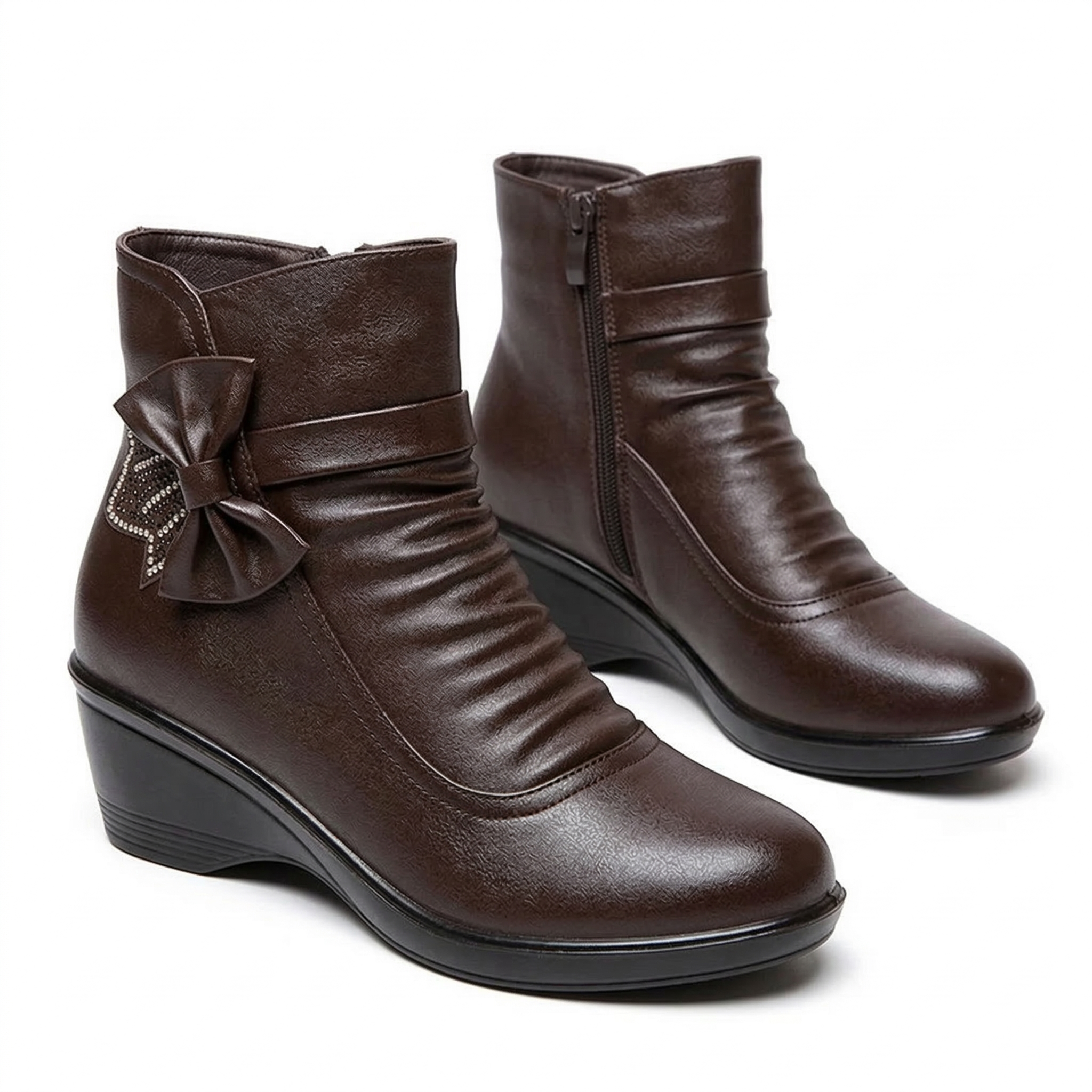 Ruching Vegan Leather Wedge Ankle Boots with Rhinestone Bow Accents