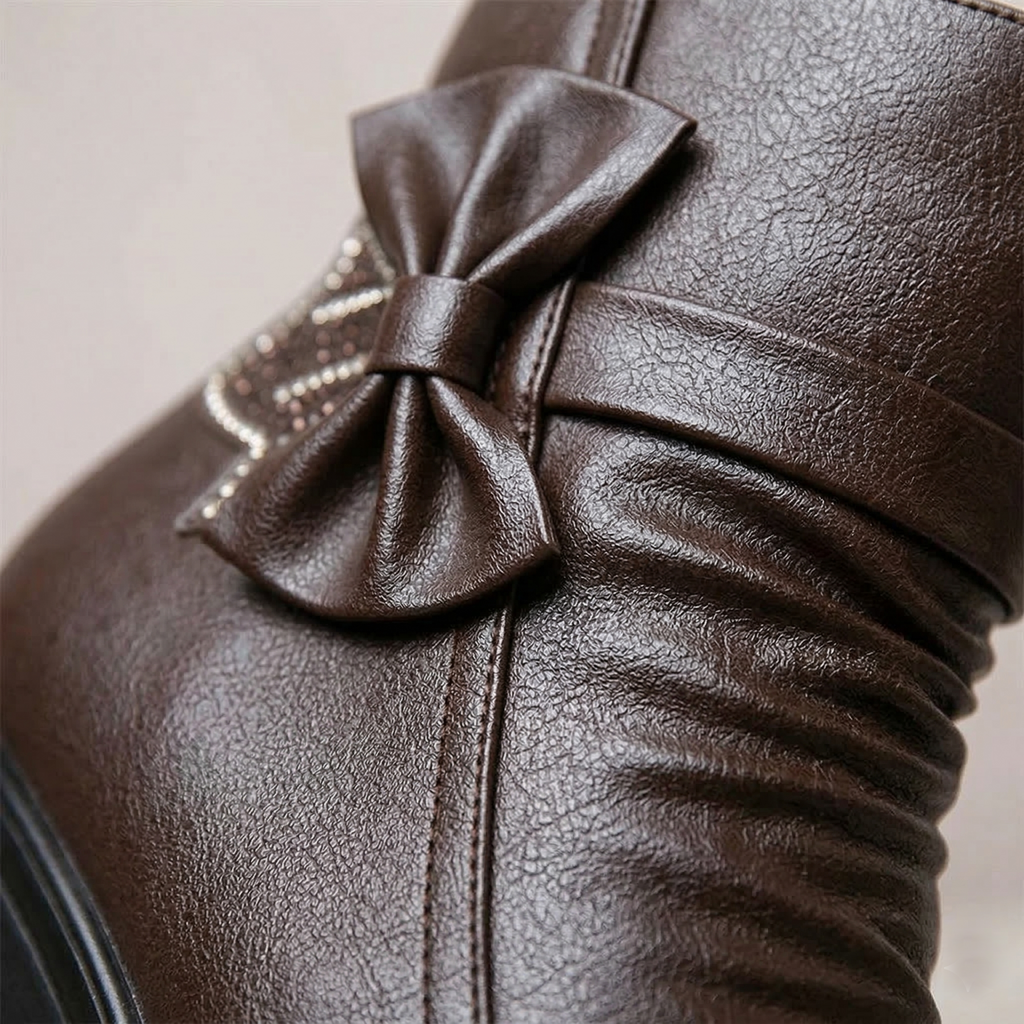 Ruching Vegan Leather Wedge Ankle Boots with Rhinestone Bow Accents