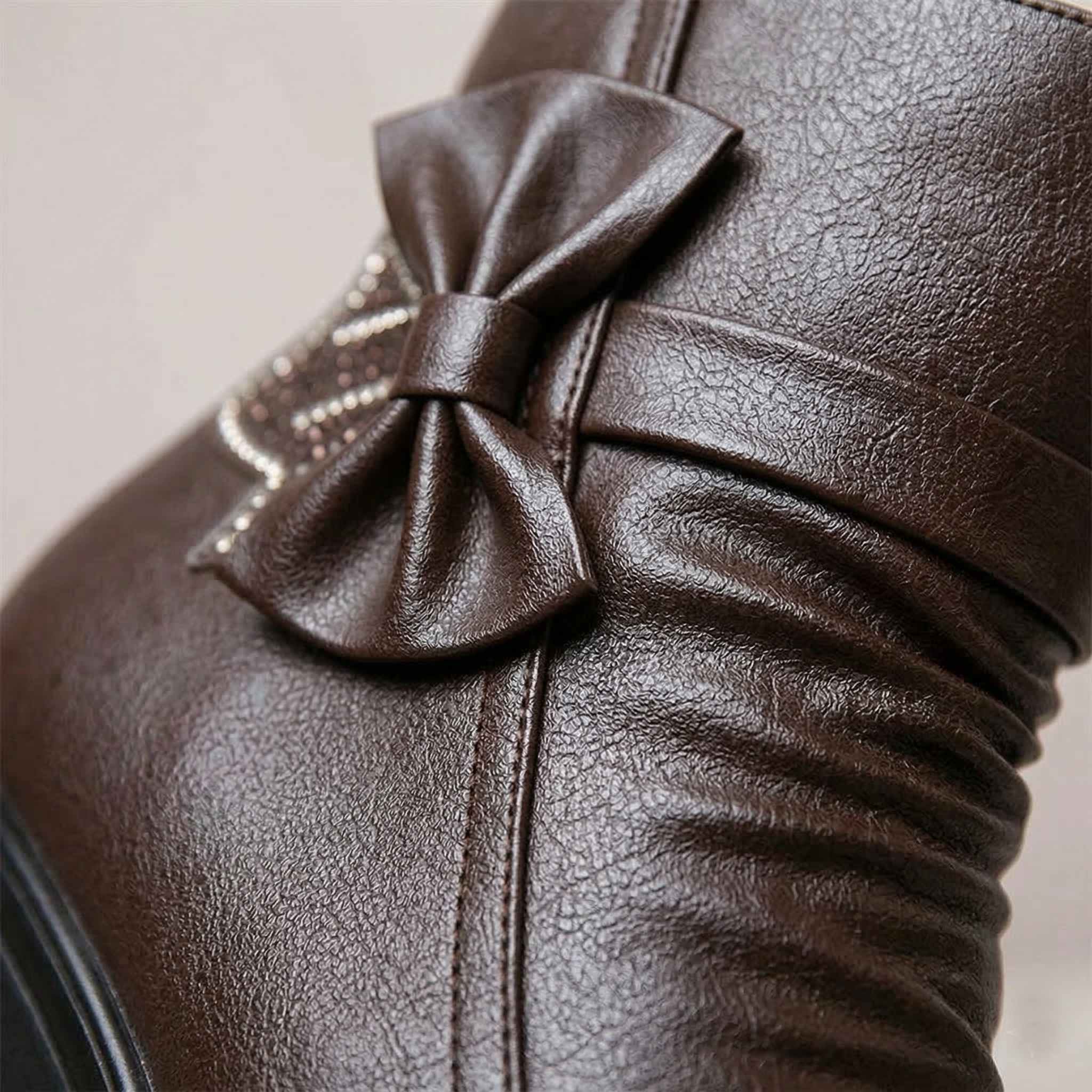 Ruching Vegan Leather Wedge Ankle Boots with Rhinestone Bow Accents