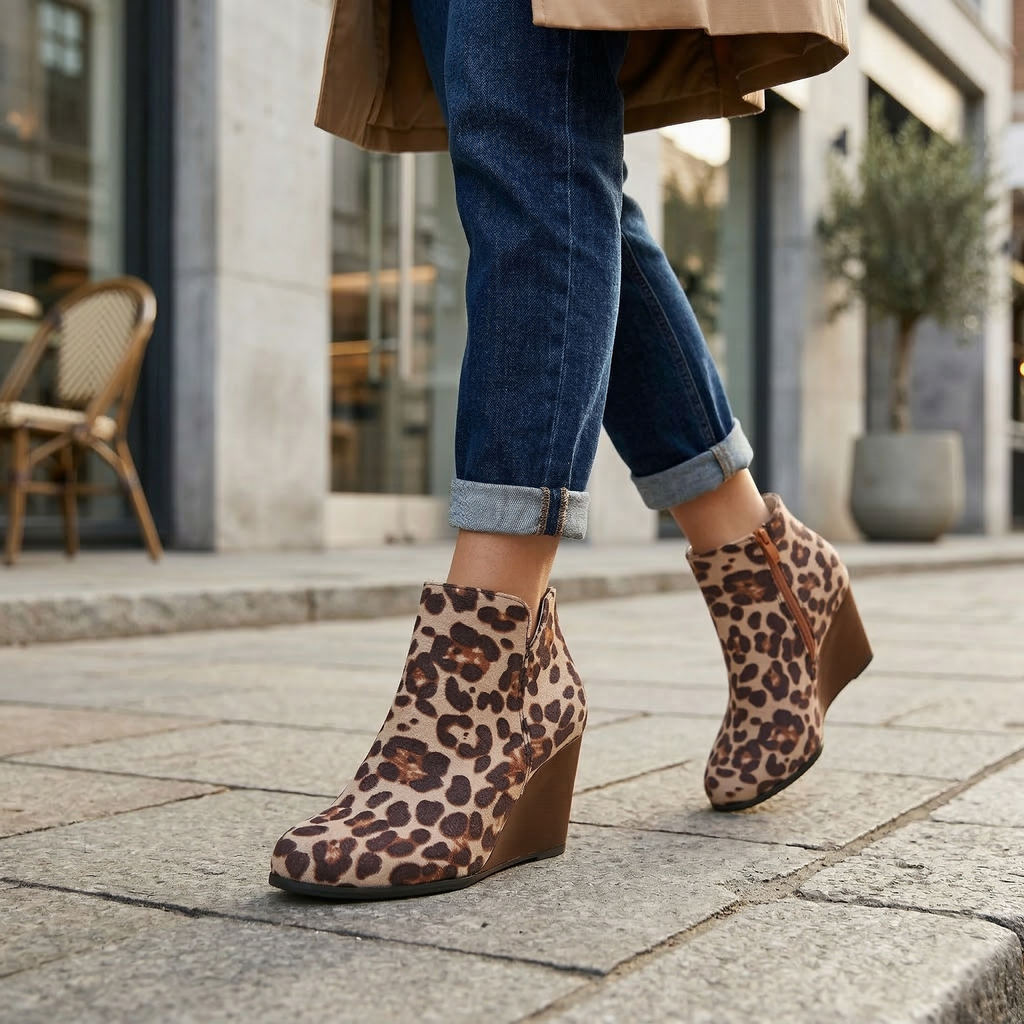Women's Wedge Ankle Boots with Side Zipper, Soft Suede & Printed Vegan Leather