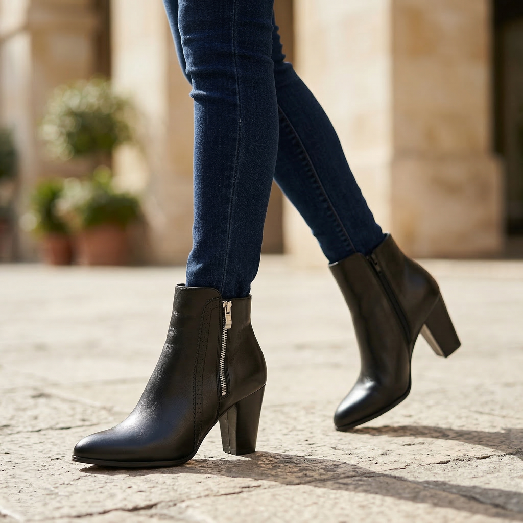 Women's Vegan Leather Ankle Boots with Perforated Side Zipper Detail & Stacked Block Heel