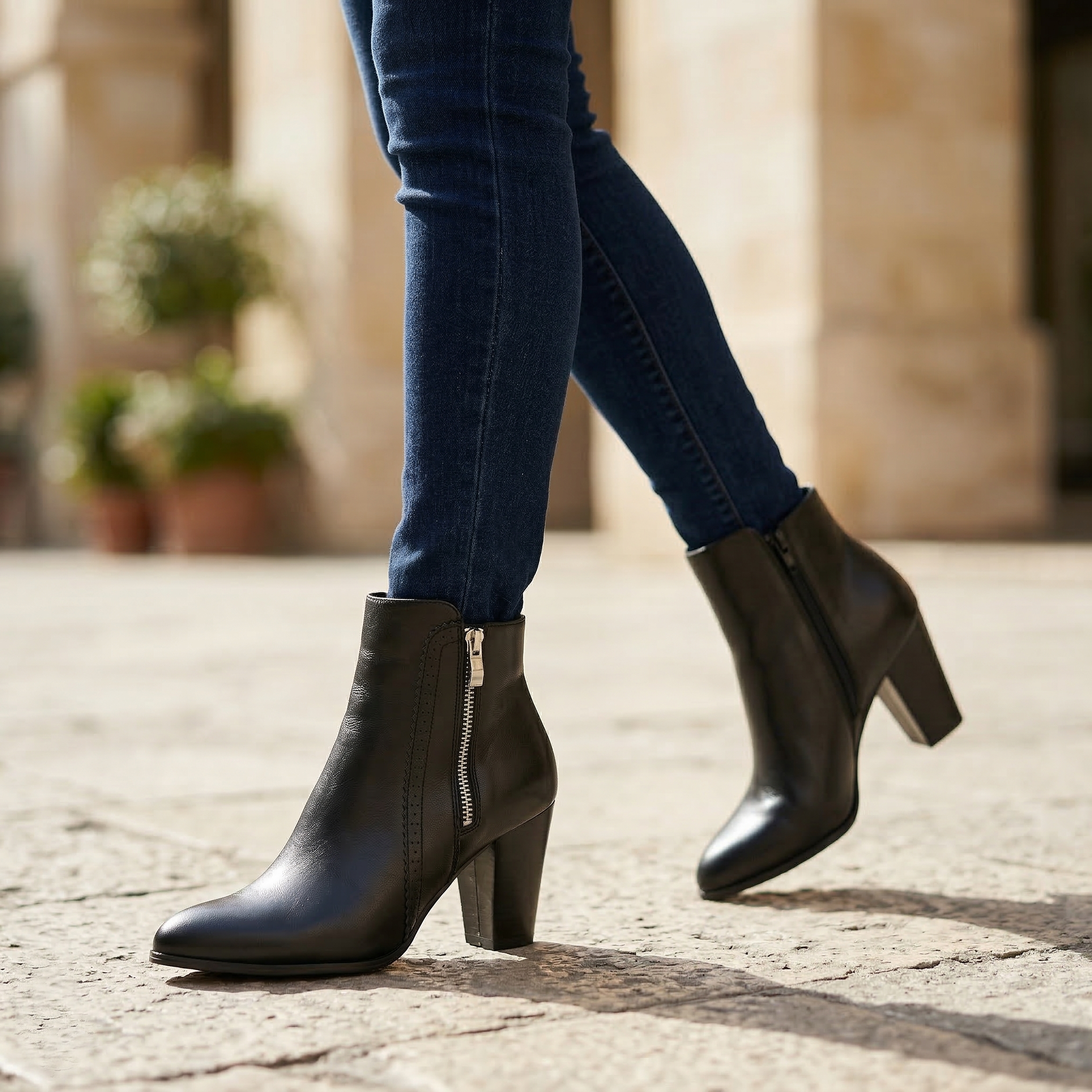 Women's Vegan Leather Ankle Boots with Perforated Side Zipper Detail & Stacked Block Heel