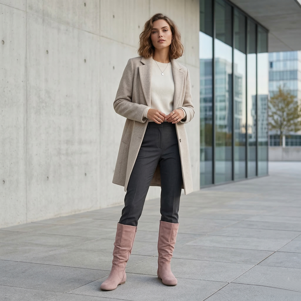 Women's Knee-High Slouch Boot with Ruched Shaft, Side Zipper and Flat Rubber Sole