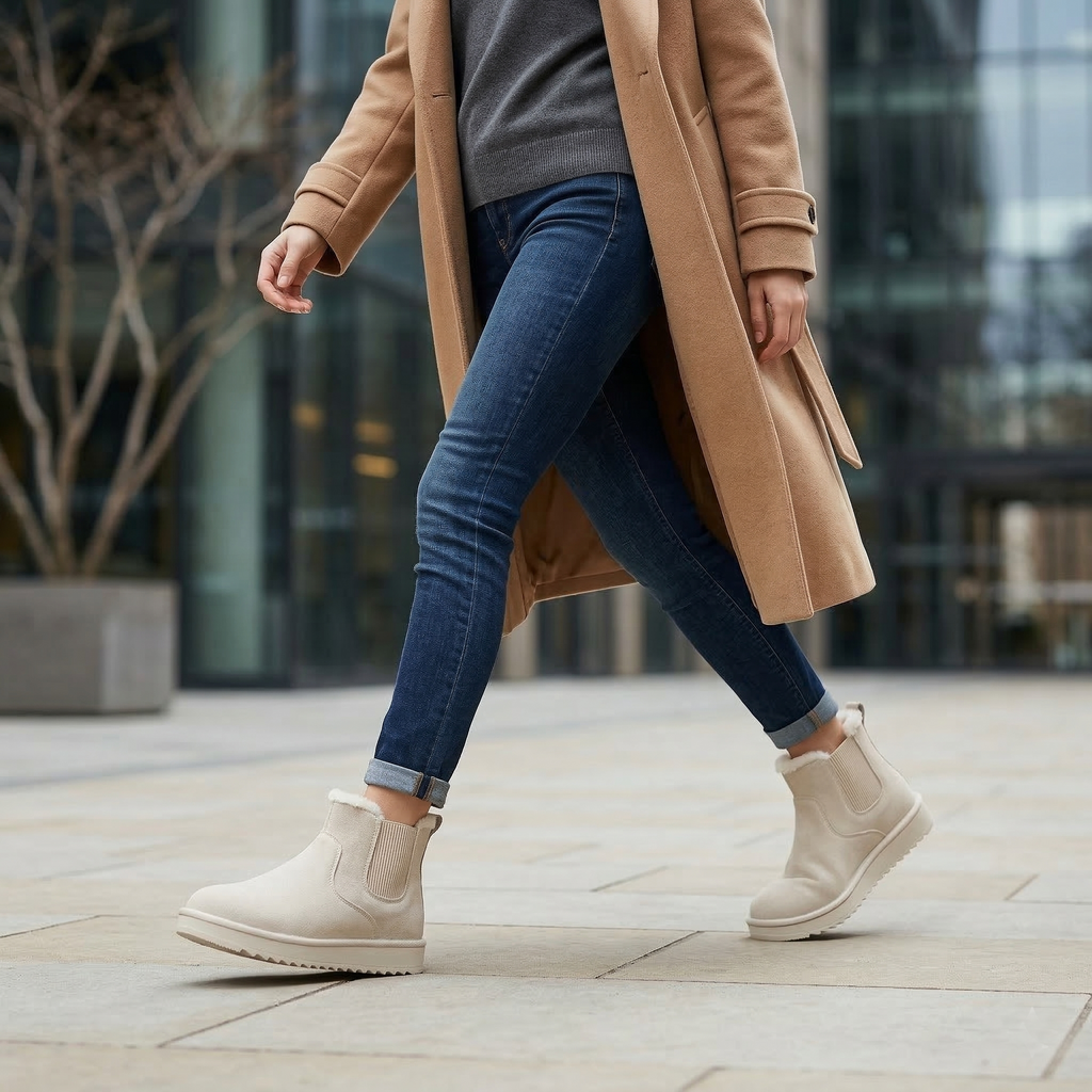 Women's Slip-On Ankle Boot with Faux Fur Collar, Elastic Side Panel and Flat Lugged Sole