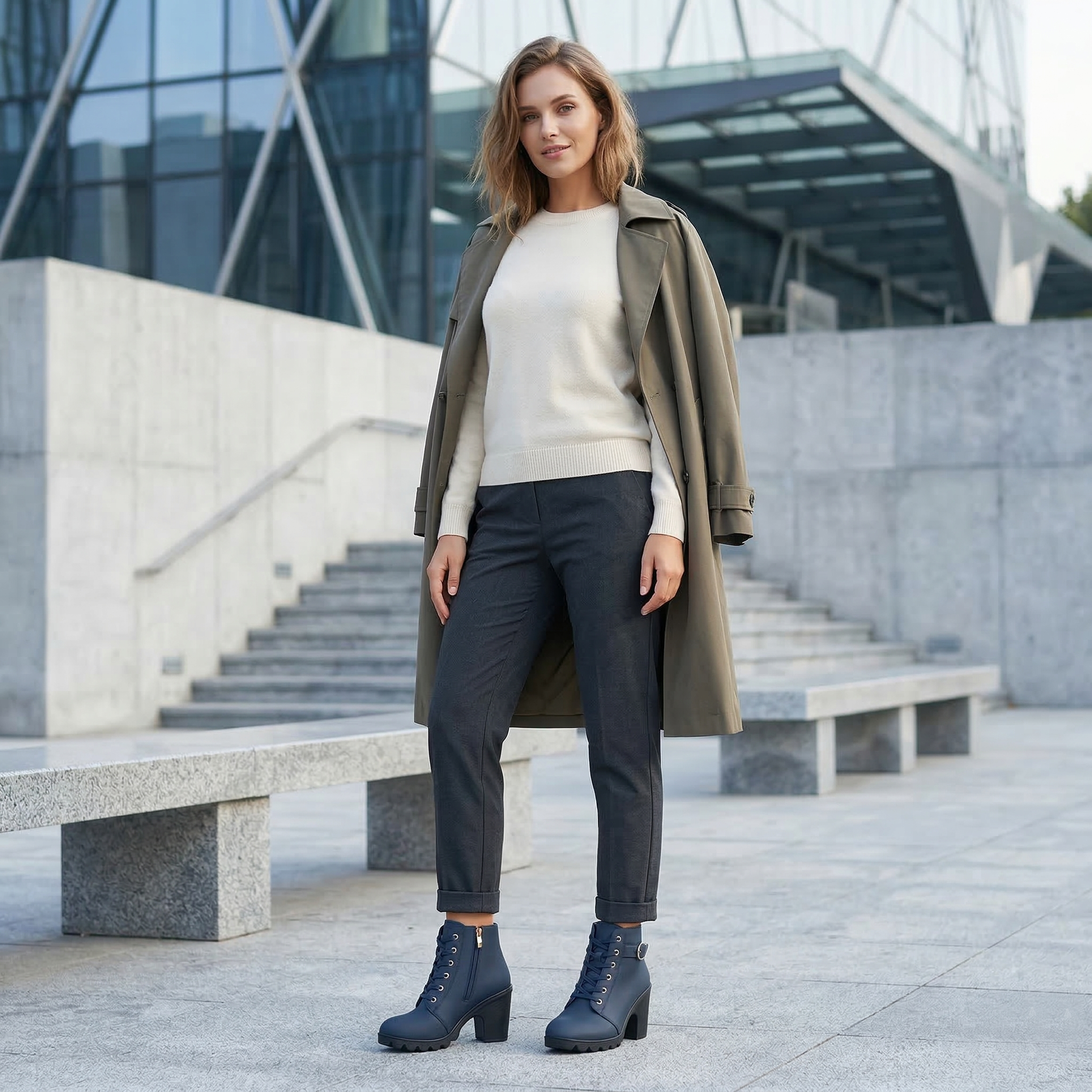 Women's Ankle Boot with Lace-Up Front, Side Zipper, Buckle Strap and High Block Heel on Lugged Platform Sole