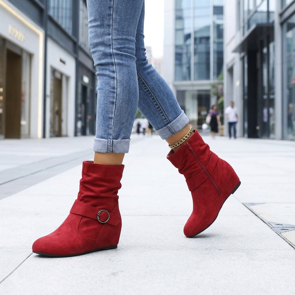 Women's Suede Ankle Boot with Ruched Shaft, Wrap Buckle Strap and Side Zipper