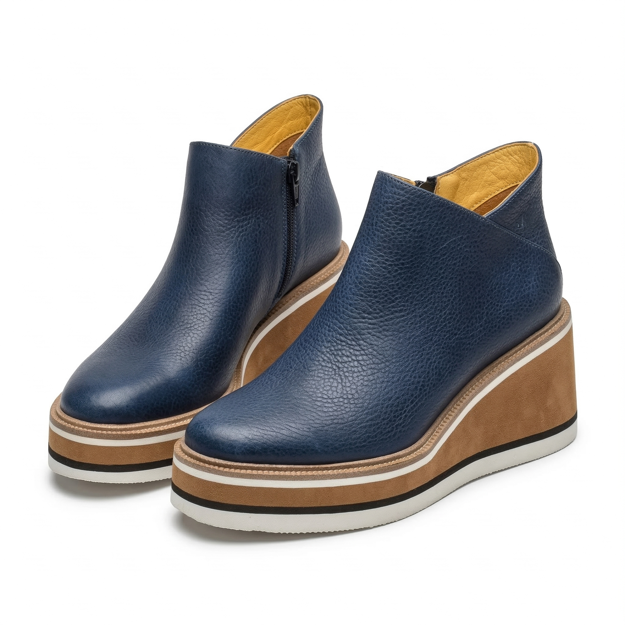 Women's Wedge Platform Ankle Boot with Side Zipper and Striped Sole