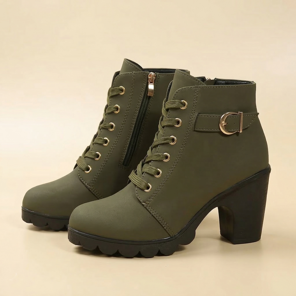 Women's Ankle Boot with Lace-Up Front, Side Zipper, Buckle Strap and High Block Heel on Lugged Platform Sole