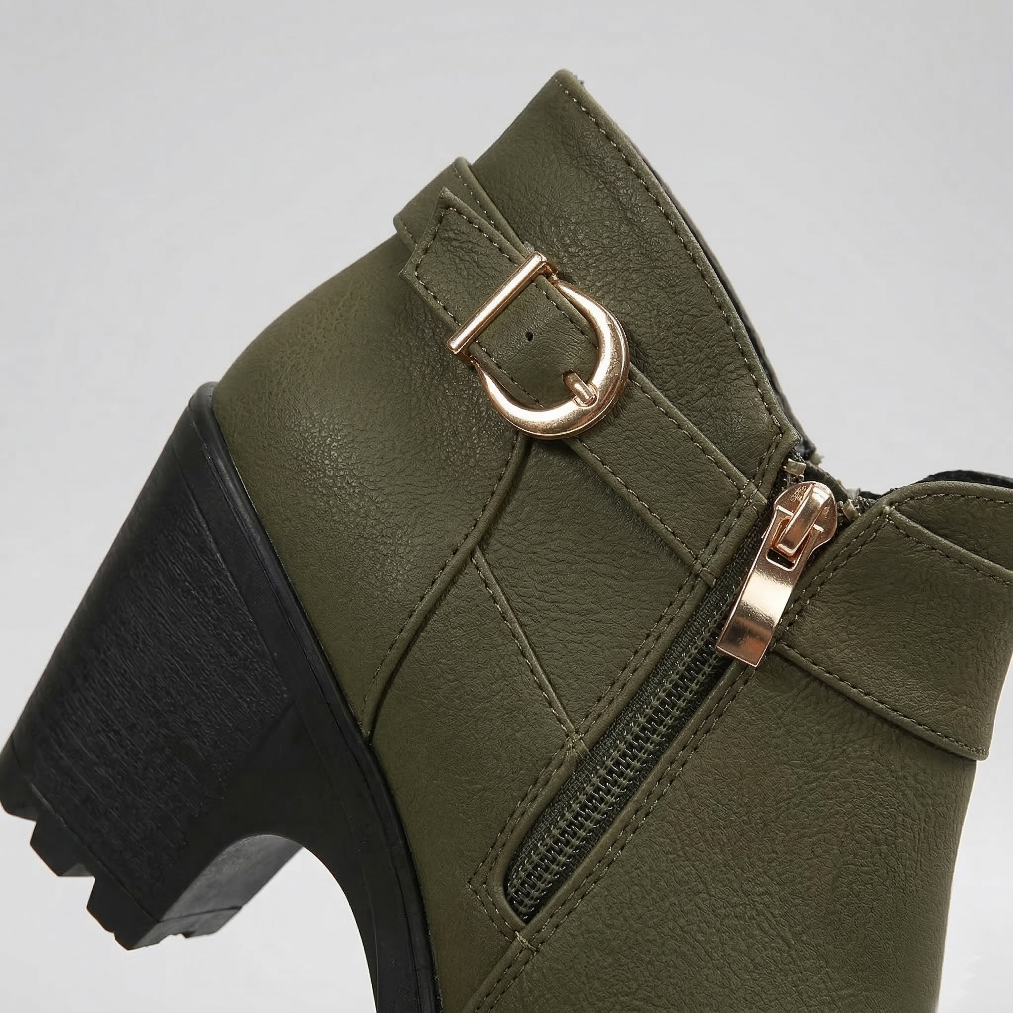 Women's Ankle Boot with Lace-Up Front, Side Zipper, Buckle Strap and High Block Heel on Lugged Platform Sole