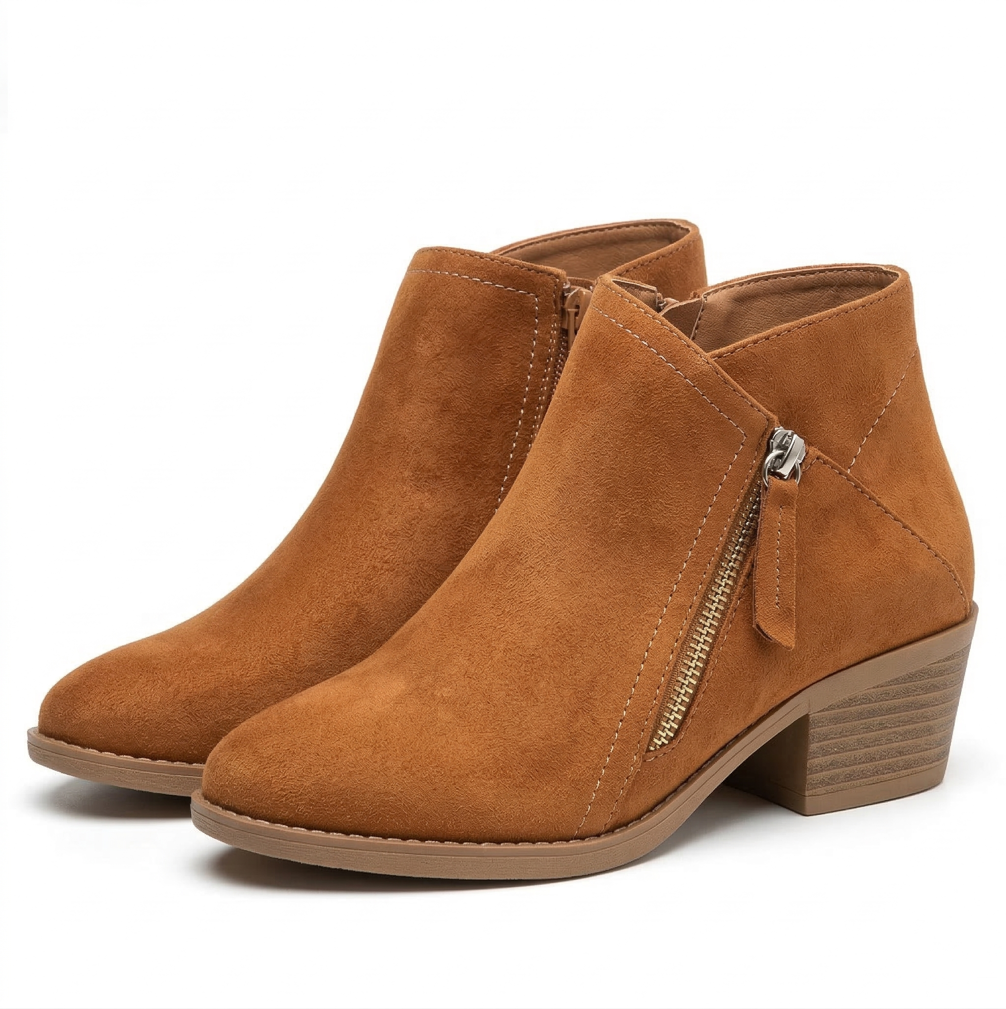Women's Suede Ankle Bootie with Side Zipper and Stacked Block Heel