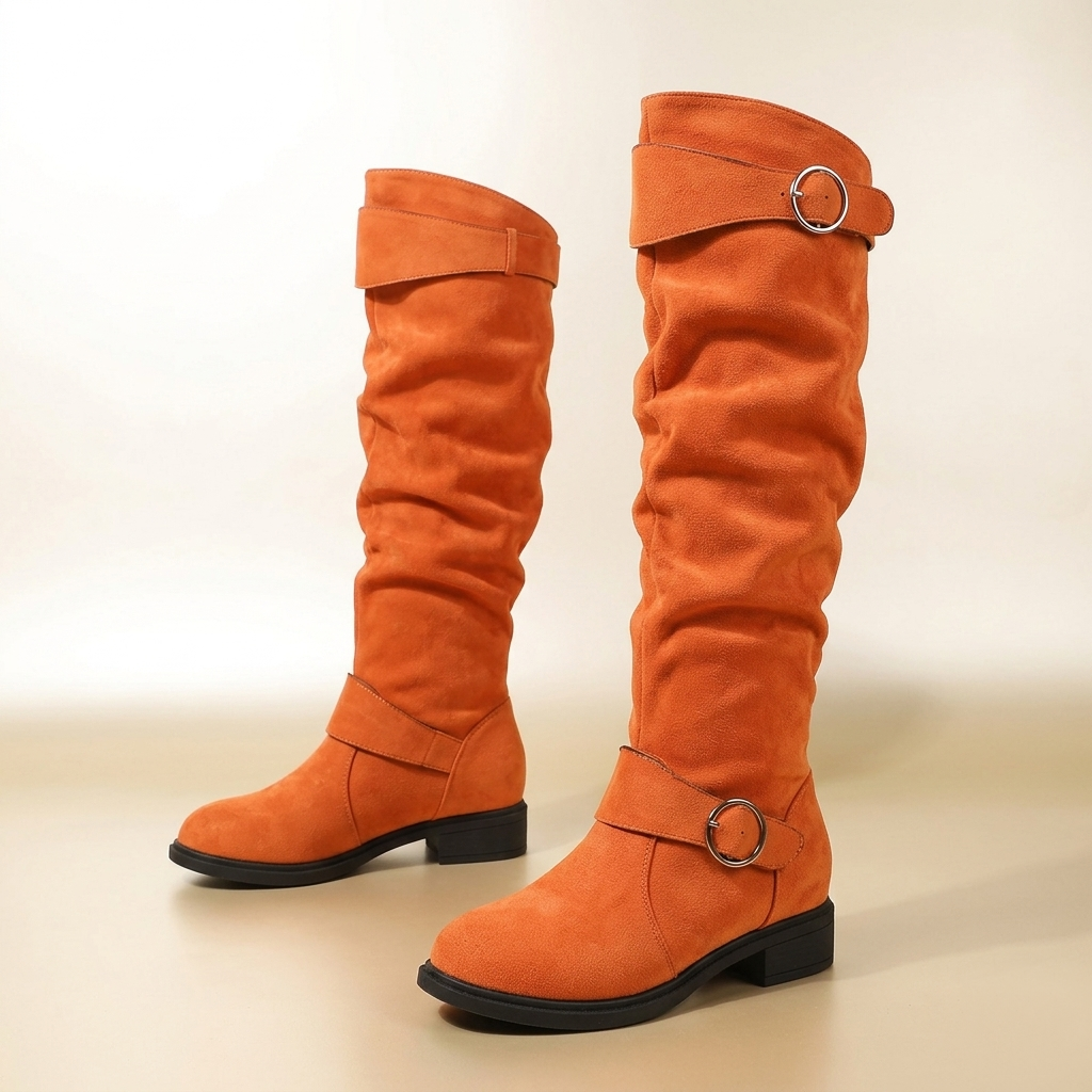 Women's Knee-High Slouch Boot with Double O-Ring Buckle Straps, Ruched Shaft and Low Block Heel