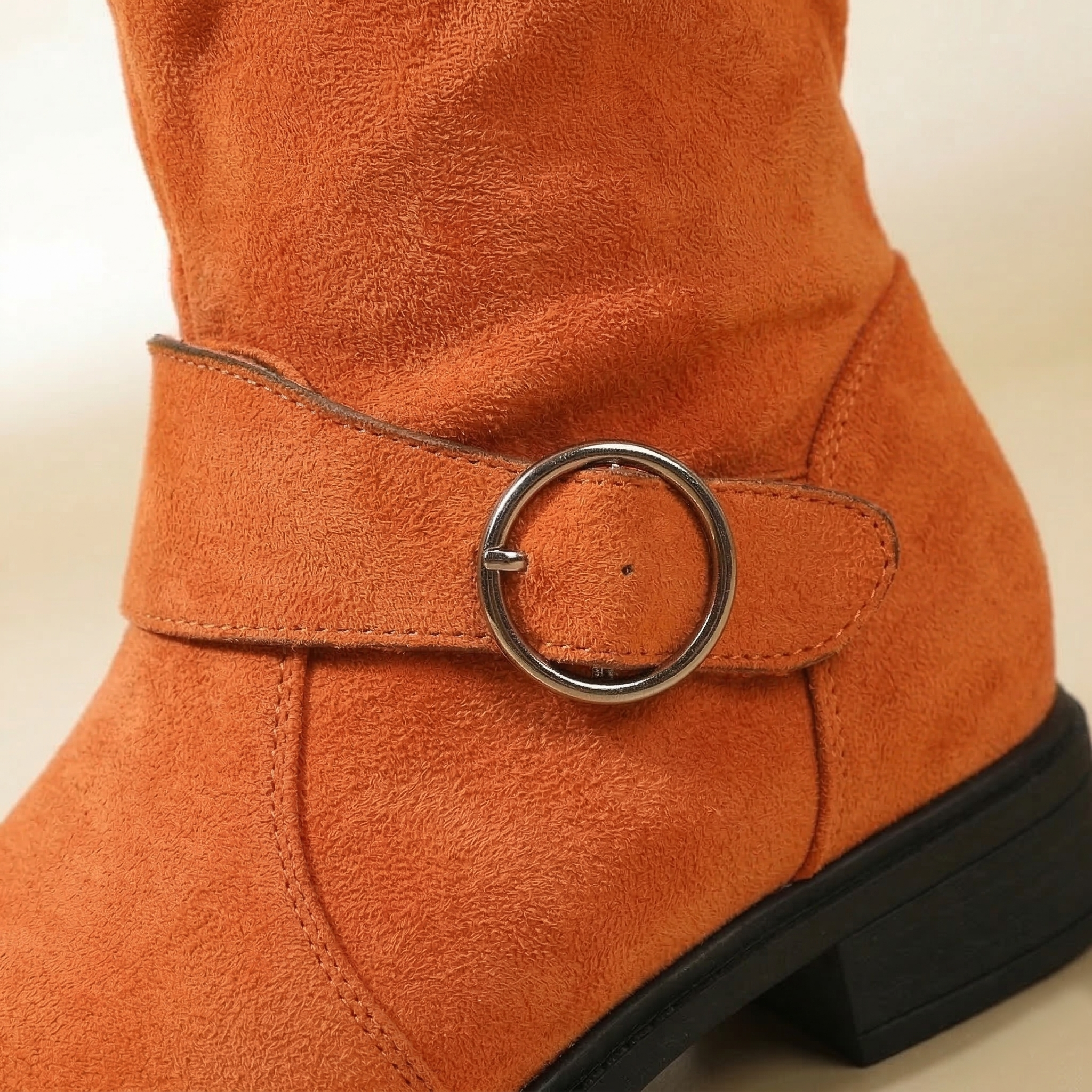 Women's Knee-High Slouch Boot with Double O-Ring Buckle Straps, Ruched Shaft and Low Block Heel