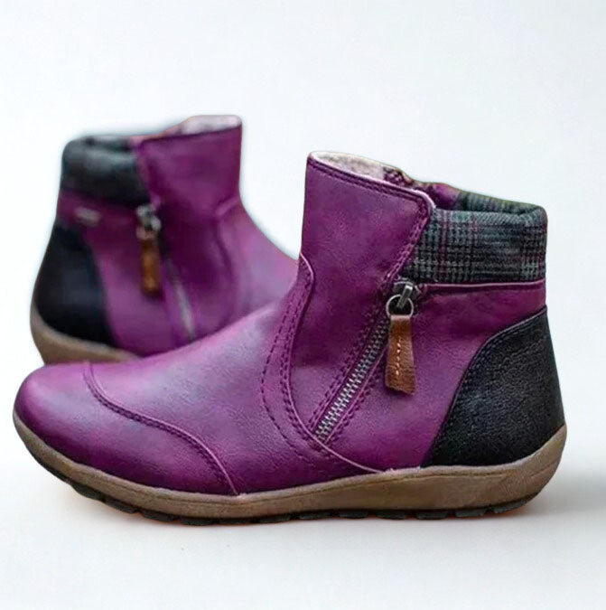 Women's Two-Tone Vegan Leather Ankle Boots with Side Zipper, Plaid Collar Trim & Flat Rubber Sole