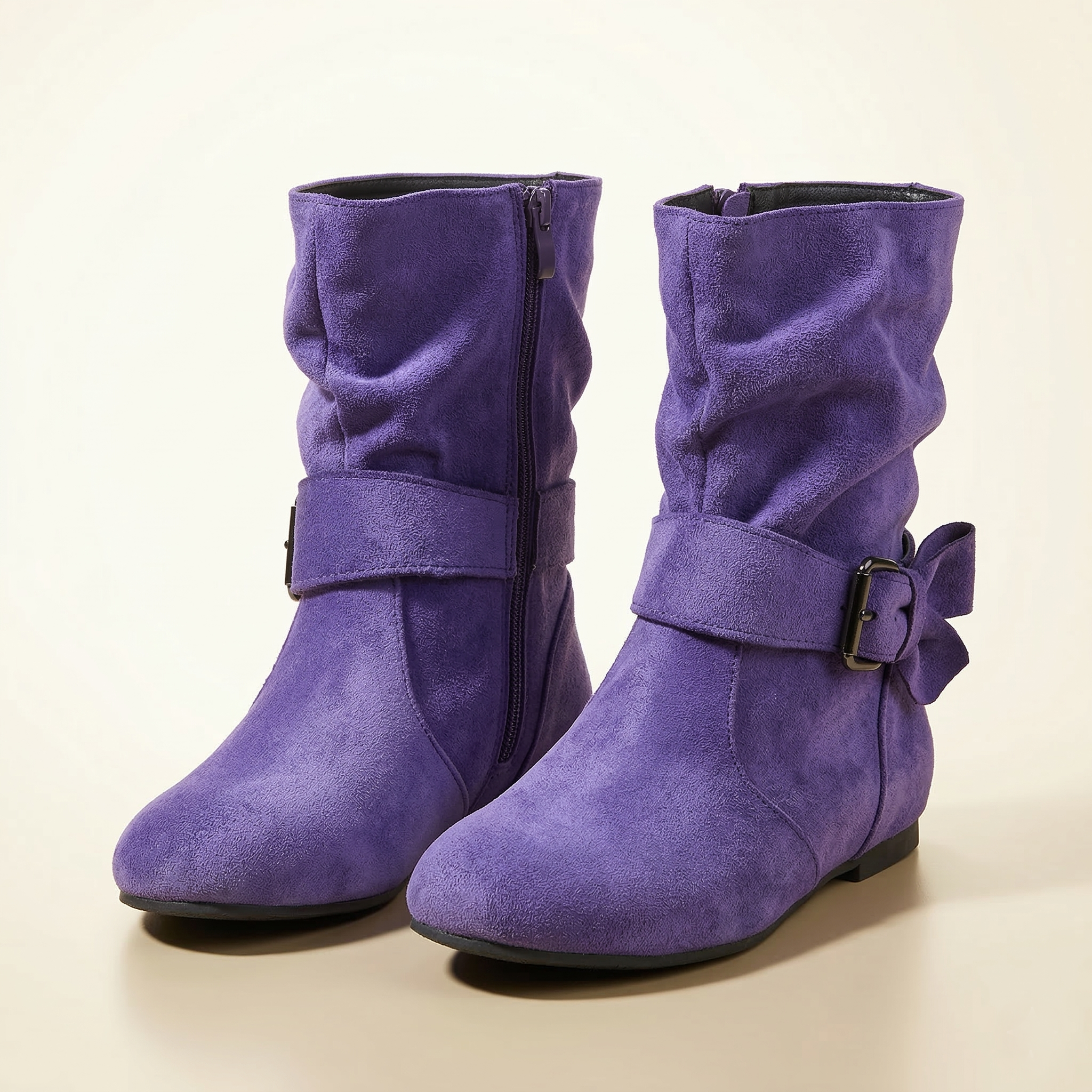 Women's Suede Ankle Boot with Ruched Shaft, Wrap Buckle Strap and Side Zipper