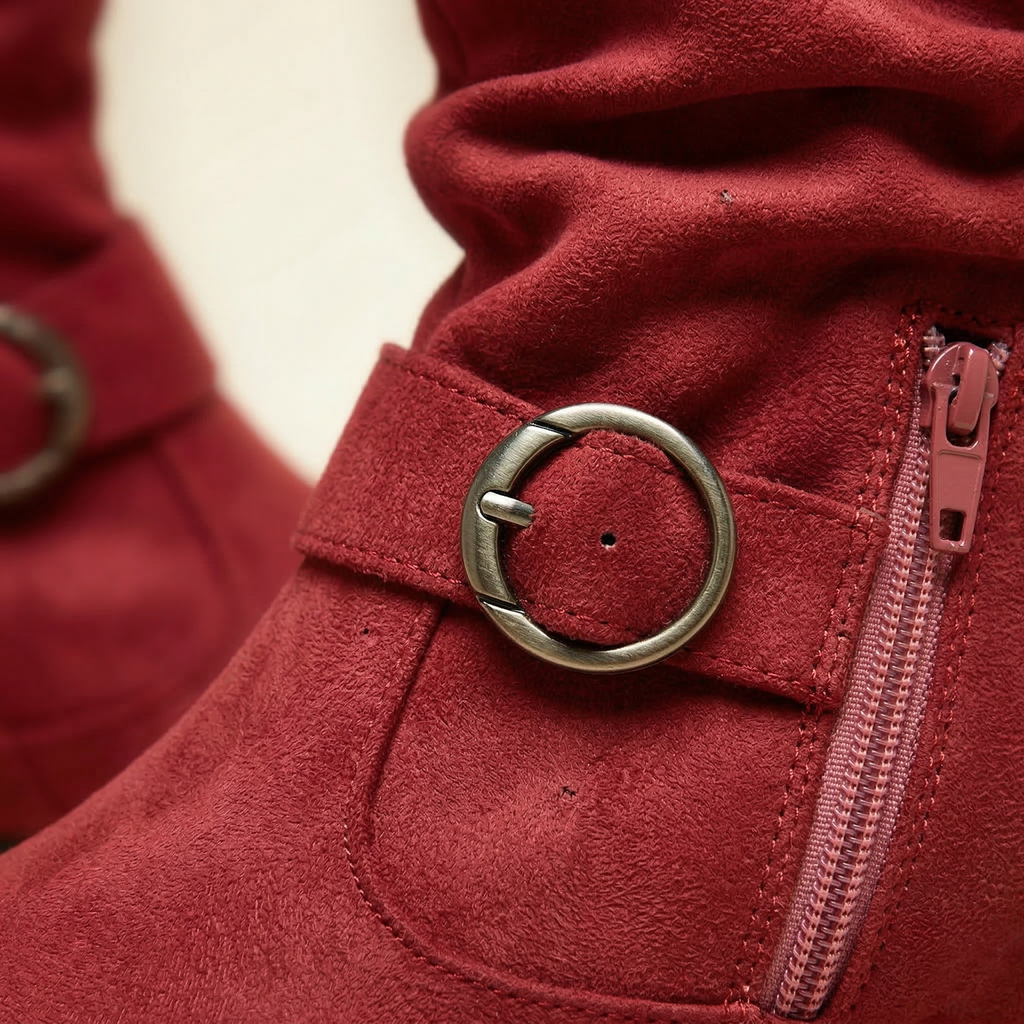 Women's Suede Ankle Boot with Ruched Shaft, Wrap Buckle Strap and Side Zipper