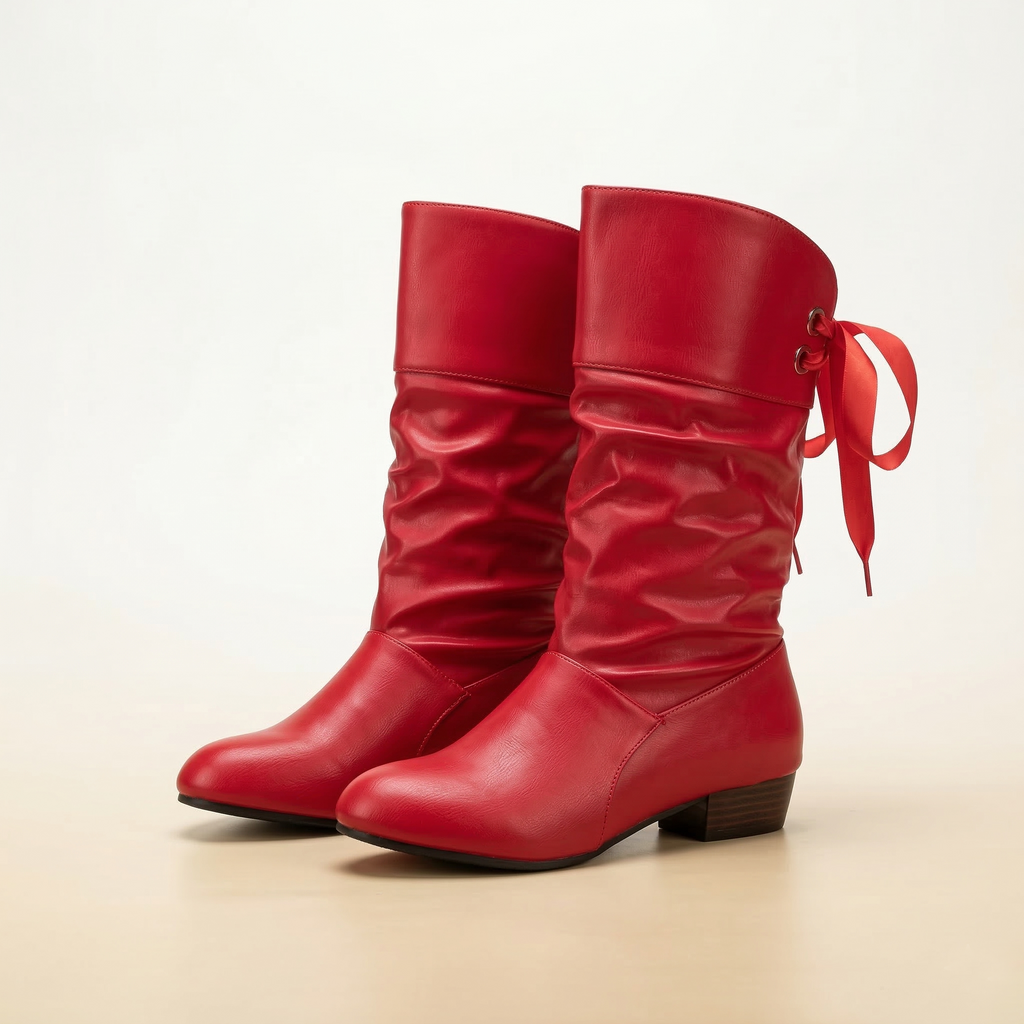 Women's Mid-Calf Slouch Boot with Back Ribbon Lace-Up Detail, Ruched Shaft and Low Block Heel