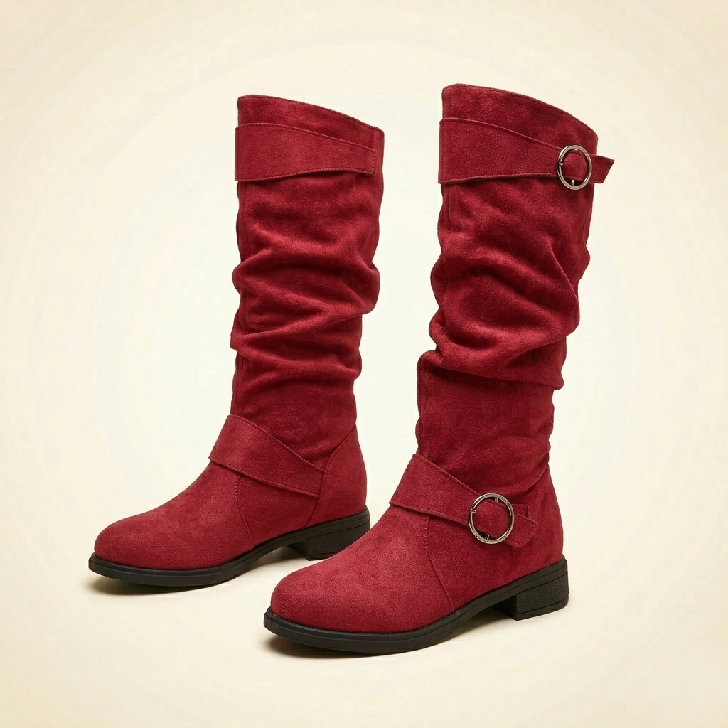Women's Knee-High Slouch Boot with Double O-Ring Buckle Straps, Ruched Shaft and Low Block Heel