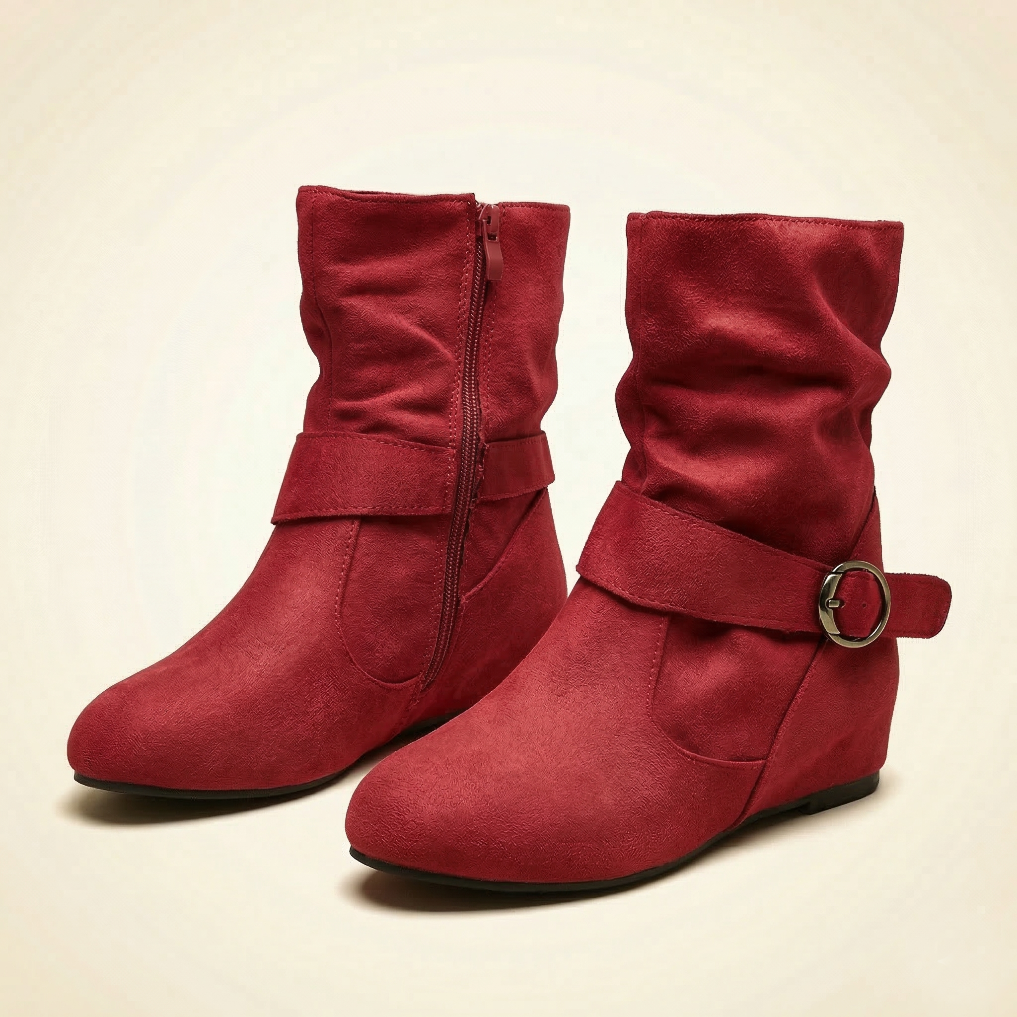 Women's Suede Ankle Boot with Ruched Shaft, Wrap Buckle Strap and Side Zipper