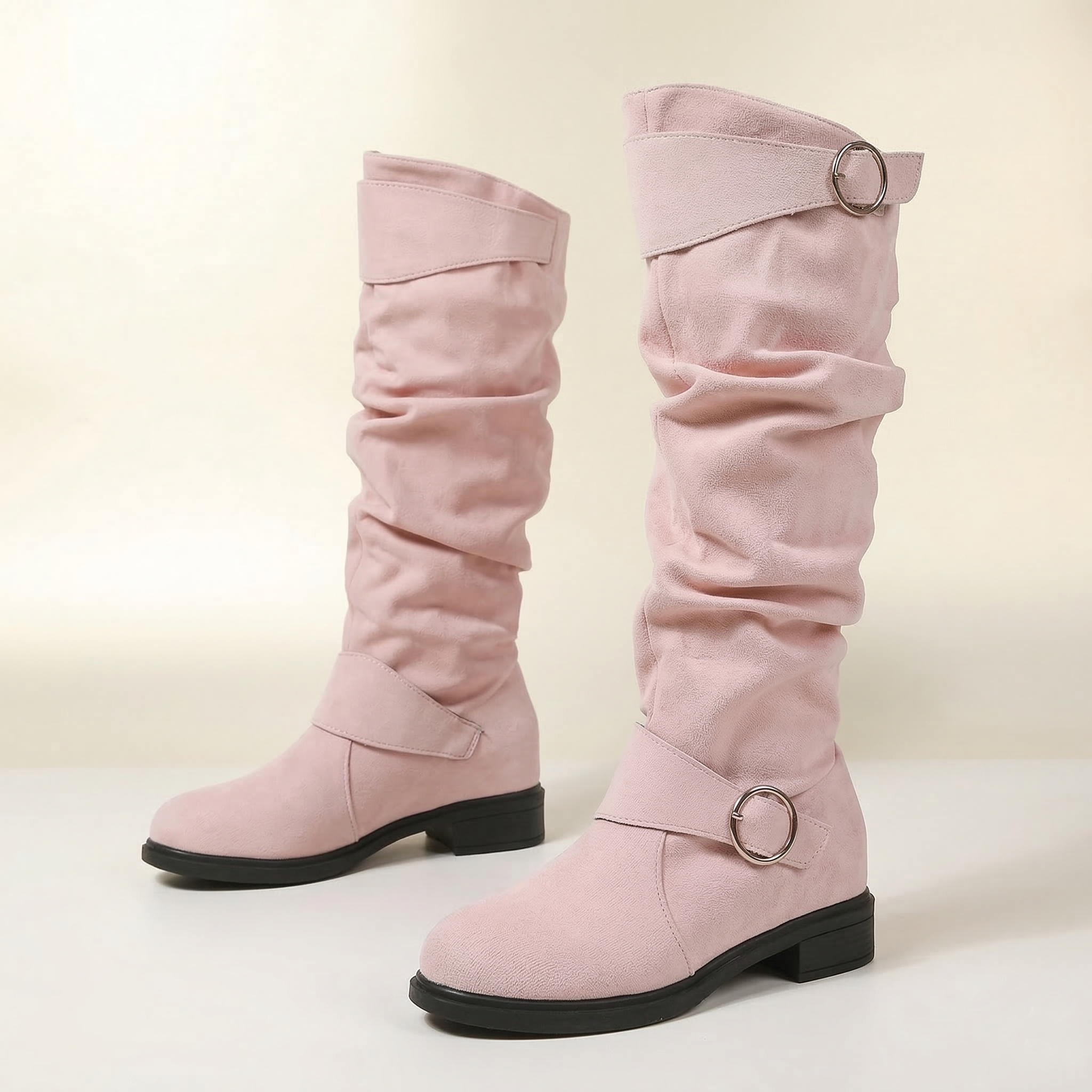 Women's Knee-High Slouch Boot with Double O-Ring Buckle Straps, Ruched Shaft and Low Block Heel