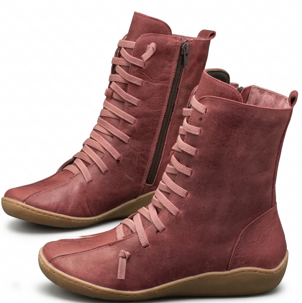 Women's Mid-Calf Leather Boot with Cross Strap Lace-Up Front, Side Zipper and Flat Rubber Sole