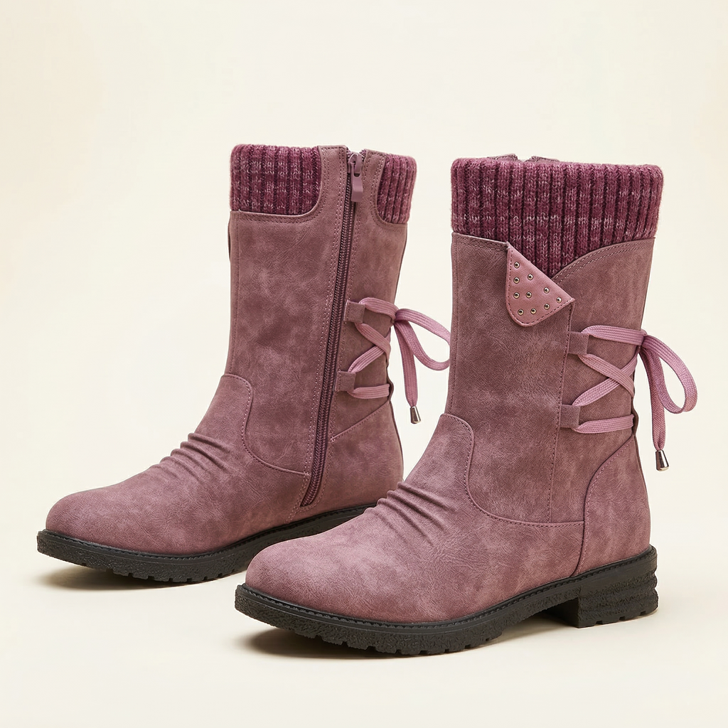 Women's Mid-Calf Suede Boot with Knit Collar, Side Lace Detail, Studded Tab and Side Zipper